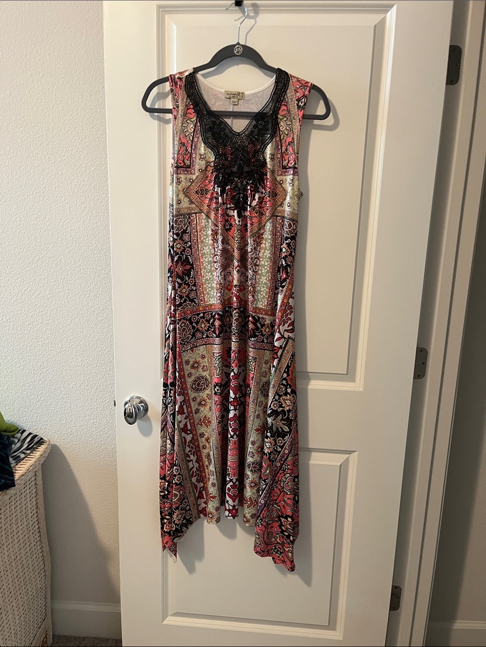 ONE WORLD Red Multicolor Boho Maxi Dress with Black Lace Yoke